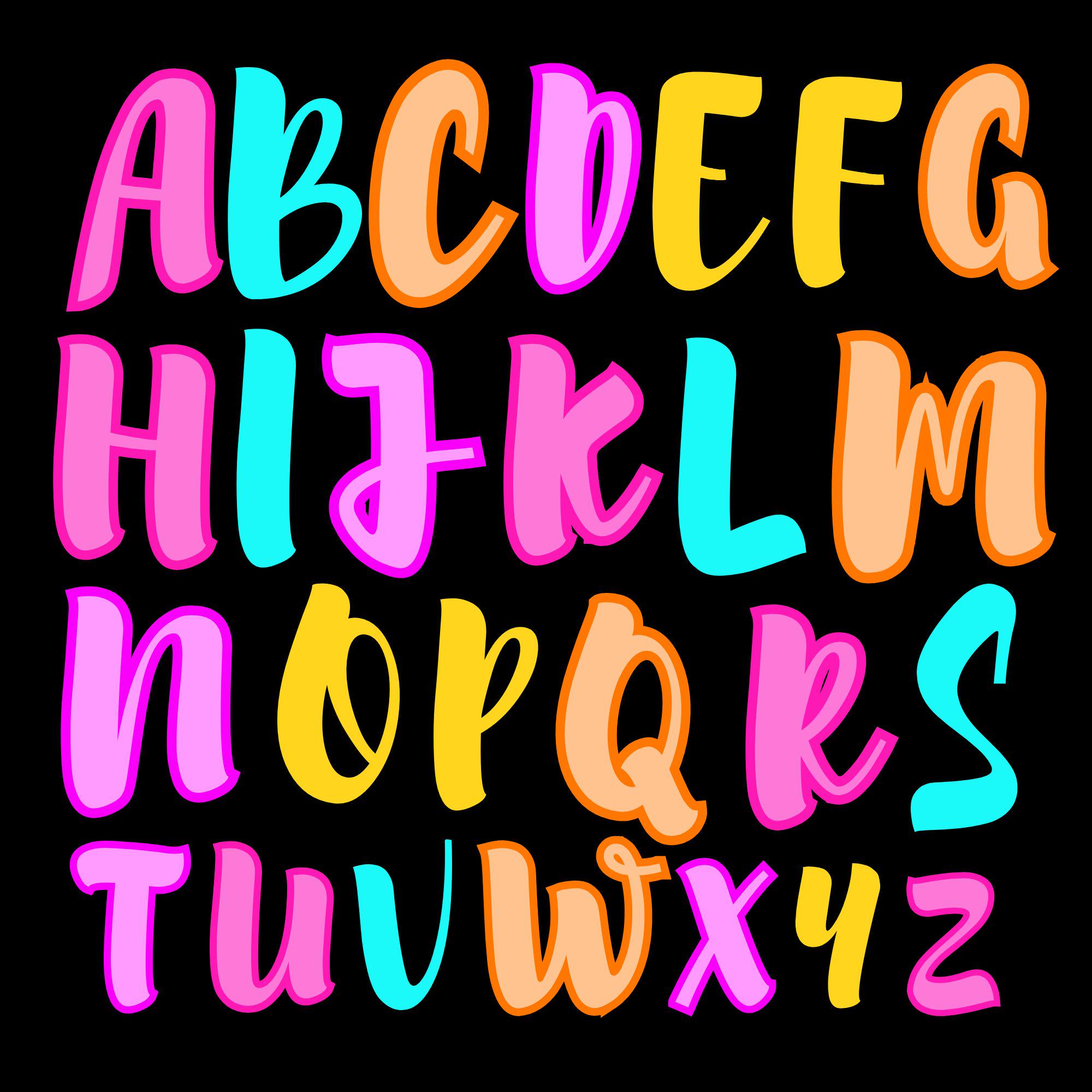 Preppy Letters and Numbers PNG Bundle, Bright Doodle Alphabet Clipart ...