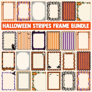 May include: A digital collection of twenty-three rectangular frames featuring Halloween themes, including orange, purple, and black stripes, spider webs, pumpkins, bats, cats, and brooms. The text HALLOWEEN STRIPES FRAME BUNDLE is centered at the top.