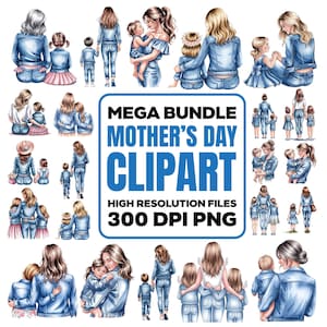母の日の水彩画クリップアートバンドル、ギルズと少年のクリップアート、母親の肖像画のpng、水彩画の母娘と孫のクリップアート
