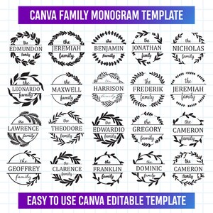 Könnte beinhalten: Eine digitale Vorlage mit Familienmonogrammen in kreisförmigen Kranzdesigns. Jedes Monogramm enthält einen Familiennamen, wie "Edmundon Family", in einer modernen Schriftart. Die Vorlage ist mit "CANVA FAMILY MONOGRAM TEMPLATE" und "EASY TO USE CANVA EDITABLE TEMPLATE" beschriftet.