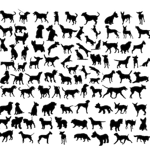 May include: A collection of black dog silhouettes in various poses. The dogs are depicted in different sizes and breeds, including standing, sitting, and running positions. The image is a simple, high-contrast design.