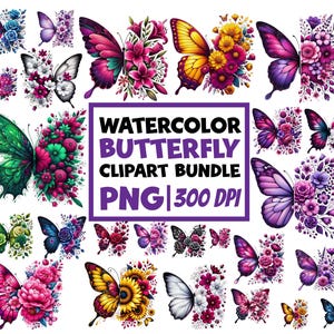 Floral Butterfly Clipart, Watercolor Butterflies Clipart Bundle, Colorful Butterflies Png Bundle, Cute Butterflies, Botanical Butterfly