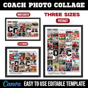 Modelo de moldura para colagem de fotos de treinador em tela, colagem de memórias personalizável, presente editável para treinador, lembrança imprimível da equipe esportiva.