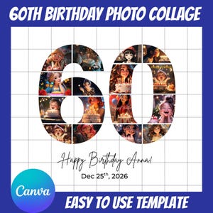 60th Birthday Photo Collage Template, Number 60 Collage, 60th Collage, Custom Gift for her, 60th Birthday, Number Collage,Canva Template