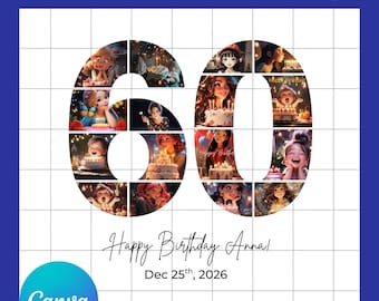 60th Birthday Photo Collage Template, Number 60 Collage, 60th Collage, Custom Gift for her, 60th Birthday, Number Collage,Canva Template