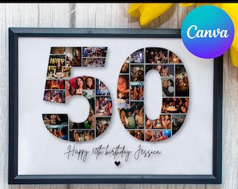 50 Geburtstag Foto Collage Vorlage, Nummer 50 Collage, 50 Geburtstag, Individuelles Geschenk für Sie, 50 Geburtstag, Nummer Collage, Canva Vorlage