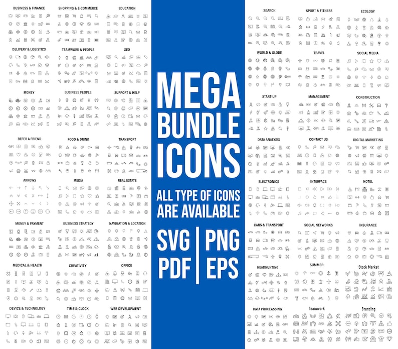 May include: A blue background with white text that reads "MEGA BUNDLE ICONS" and "ALL TYPE OF ICONS ARE AVAILABLE SVG PNG PDF EPS". The image contains a grid of 100+ black and white line icons representing various categories, such as business, finance, shopping, travel, and technology.