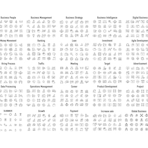 May include: A black and white illustration set of 100 business icons. The icons depict various business concepts, including people, management, strategy, intelligence, digital business, money movement, banking, loan, investment, agile development, hiring process, traffic, meeting, target, advertisement, data processing, operations management, career, product development, project, summer, growth, payment, increase sale, and global business.