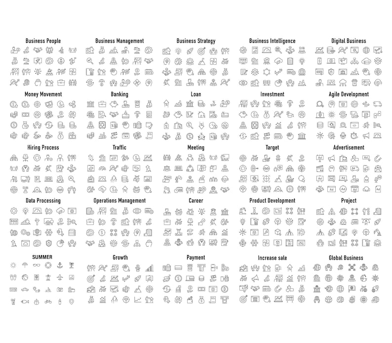 May include: A black and white illustration set of 100 business icons. The icons depict various business concepts, including people, management, strategy, intelligence, digital business, money movement, banking, loan, investment, agile development, hiring process, traffic, meeting, target, advertisement, data processing, operations management, career, product development, project, summer, growth, payment, increase sale, and global business.