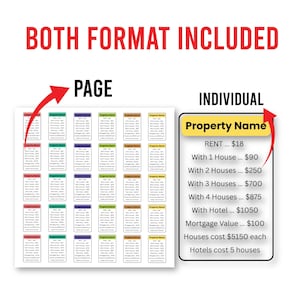 May include: A white sheet with multiple property cards in various colors, and a separate card with property details. The text "BOTH FORMAT INCLUDED" is in red at the top, with "PAGE" and "INDIVIDUAL" labels.