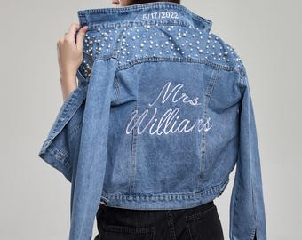 Chaqueta de novia bordada con perlas, chaqueta vaquera personalizada con nombre de señora, regalo para futura esposa, chaqueta de boda cosida, regalo para recién casados