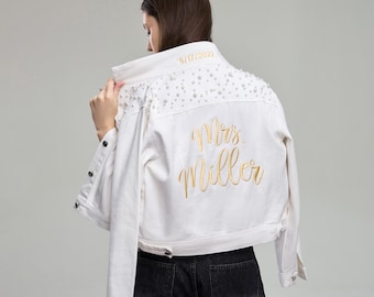 Embroidered Bride Denim Jacket: Personalized Pearl Wedding Jean Jacket