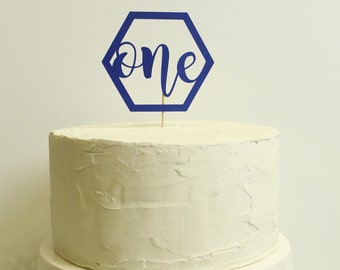 Hexagon First Birthday Cake Topper in Blue