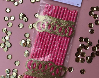 Gold Glitter Diamond Ring Straws- Set of 12