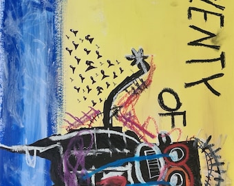 Neoexpressionistisk Basquiat-inspirerad målning "Gott om fisk"