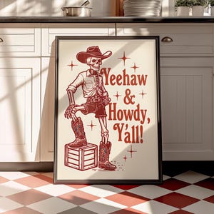 Póster &quot;Hola, esqueleto de vaquero&quot;, arte imprimible moderno del lejano oeste, decoración de pared retro de vaquero, diseño de regalo del oeste, descarga instantánea