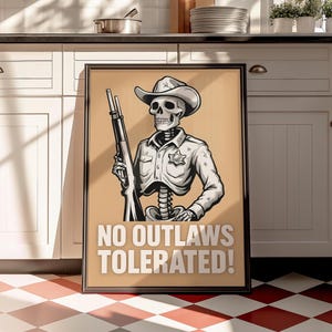 Póster gráfico de esqueleto de sheriff, arte mural imprimible y digital del Viejo Oeste, decoración de granja moderna del oeste, descarga instantánea