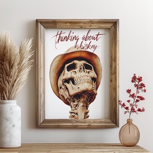Póster de calavera con esqueleto de whisky, decoración minimalista del lejano oeste, arte de pared de regalo del oeste, decoración retro vintage de granja, descarga instantánea