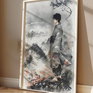 Canvas Japan landschap jongen - met lijst, serene landschapskunst aan de muur, Japanse vintage schilderkunst, Japanse landschapskunst