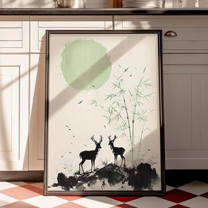 Japandi Green Minimalist Bamboo Deer Wall Art, Digital Download Wasi Sabi Print Art, Minimalist Japandi Decor, Japanese Digital Print Art