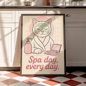 Póster imprimible de gato con rutina de belleza, póster rosa adorable para baño, decoración de pared caprichosa y femenina, descarga instantánea.