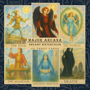 Juego de cartas de tarot de los Arcanos Mayores para imprimir, paquete de tarot de acuarela de ensueño, 22 cartas únicas, ilustraciones extravagantes, descarga digital