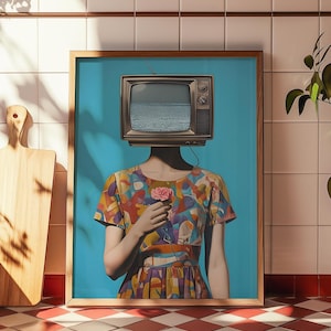 TV Head Funky Digital & Printable Wall Art, Maximilist Surreal Body Portrait Home Decor, Funky Blue Colourful Portrait Poster