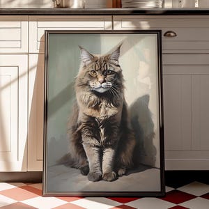 MaineCoon Cat Portrait Digital & Printable Wall Art, Brown Cat Painting for Farmhouse Decor, Gift for Cat Lovers, Cute Cat Wall Hanging