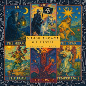 Jeu de cartes de tarot des arcanes majeurs imprimables, lot de tarots pastels à l'huile, 22 cartes de tarot uniques, illustrations colorées, téléchargement numérique