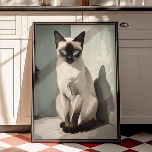 Siamese Cat Portrait Digital & Printable Wall Art, White/Black Cat Painting for Farmhouse Decor, Gift for Cat Lovers, Cute Cat Wall Hanging