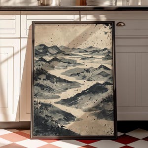 Japandi Mountainscape Sage Green Wall Art, Digital Download Wasi Sabi Print Art, Minimalist Japandi Decor, Japanese Digital Print Art