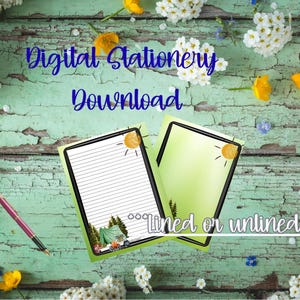 Camping Tent with Pine Trees, Campfire Colorful Digital Stationery Writing Paper Download