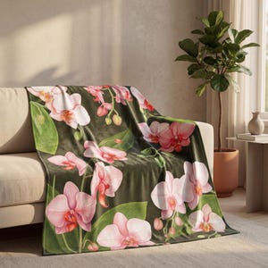 Manta Orquídea / Manta de microfibra de terciopelo rosa / Súper suave / Regalos para ella / Arte botánico floral / Manta de felpa / Vacaciones tropicales