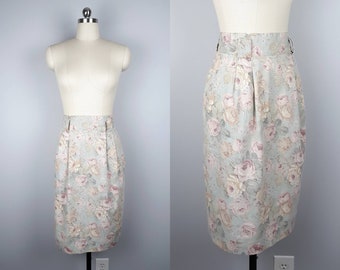 Vintage linen roses floral pencil skirt with pockets