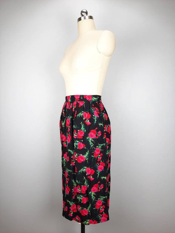 Vintage black pink and red floral midi skirt - image 3