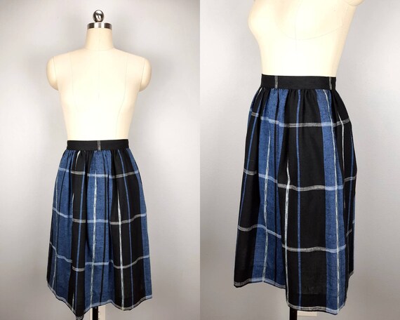 Vintage plaid full blue and black midi skirt - image 1
