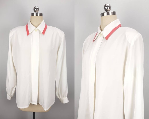 White button down blouse with flamingo pink colla… - image 1