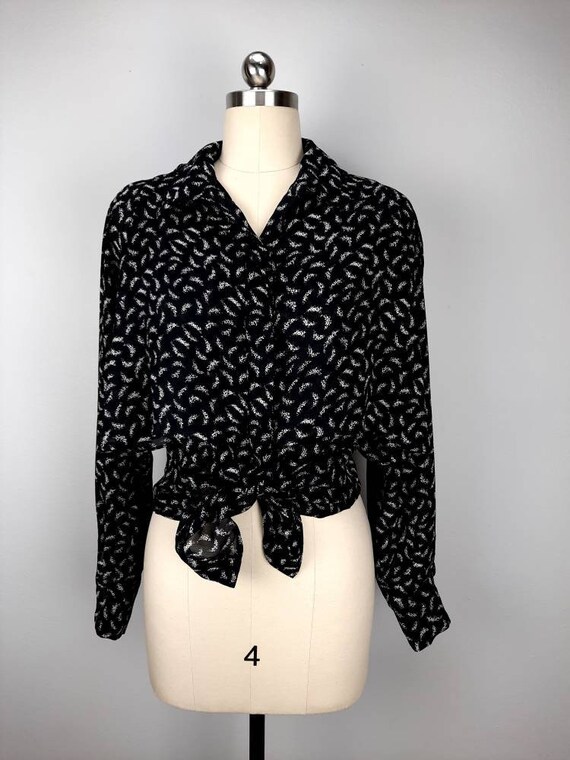 Vintage black abstract pattern flowy button down … - image 1