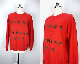 Vintage red Christmas sweatshirt "Merry Christmas" with holly