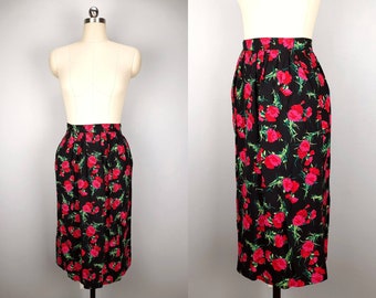 Vintage black pink and red floral midi skirt
