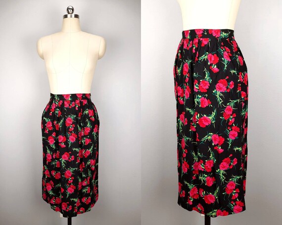 Vintage black pink and red floral midi skirt - image 1