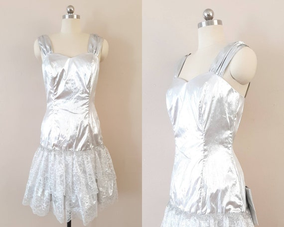 Vintage silver lamé drop waist 80s cocktail dress… - image 1
