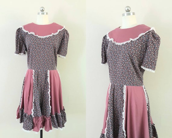 Vintage calico floral mauve full circle skirt dre… - image 1