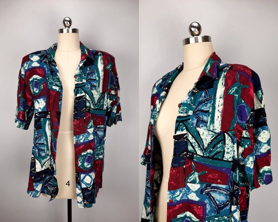 Vintage 90s rayon bold graphic abstract button do… - image 1
