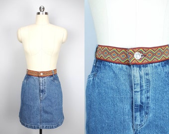 Vintage ribbon trim belt high waisted denim mini skirt