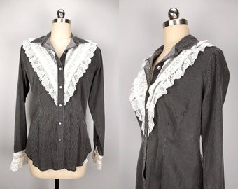 Vintage black and white micro striped shirt with lace ruffle collar detail