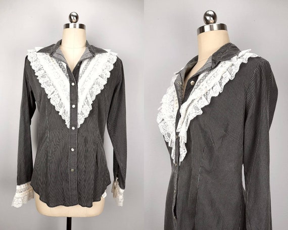 Vintage black and white micro striped shirt with … - image 1