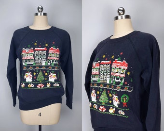 Vintage ugly Christmas sweater puffy paint snowy houses and snowmen