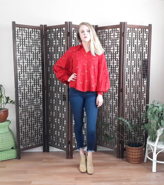 Vintage red mutton sleeve boho blouse with rounde… - image 3