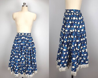 Vintage blue geometric fish scale tiered square dancing skirt with fringe